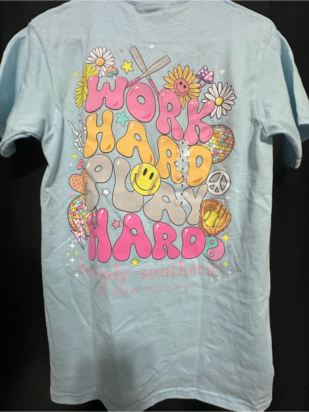 Simply Southern Light Blue Softball Hippie "Work Hard Play Hard" Graphic Tee